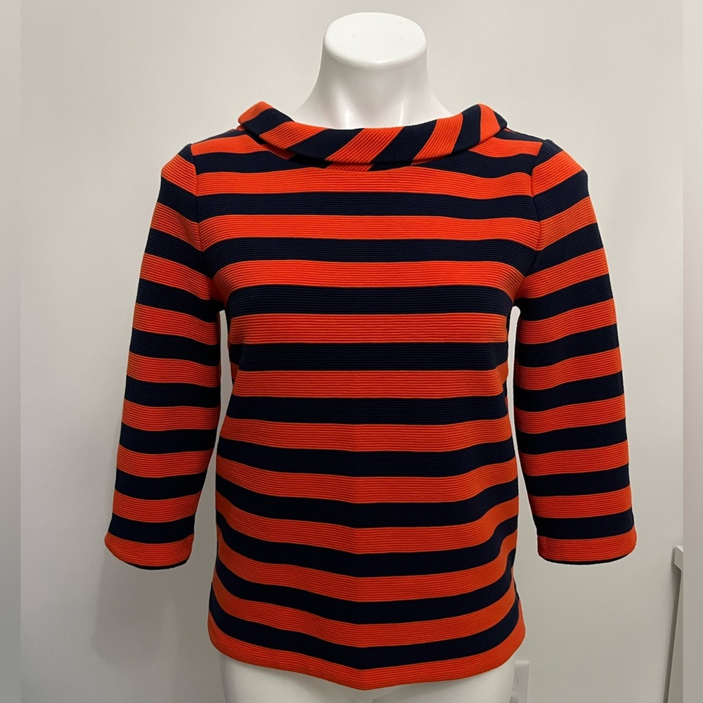 Boden Orange & Navy Striped Boat Neck Knit Blouse Top US 6 UK 10 Collared